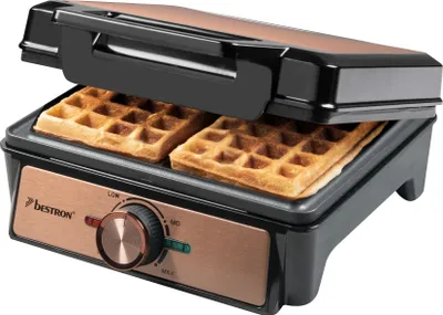 Produktbild von Bestron Waffeleisen für belgische Waffeln, Brüsseler Waffeleisen für zwei dicke Waffeln, mit Antihaftbeschichtung & Cool Touch Handgriff, Copper Collection, Farbe: Kupfer