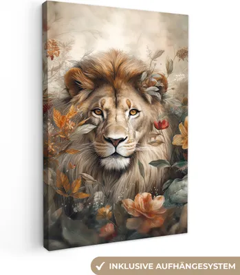 Produktbild von OneMillionCanvasses® - Leinwandbilder - 90x140 cm, Löwe - Wildtiere - Pflanzen - Natur - Blumen, Wandbilder Kunstdruck Wanddekoration - Foto auf Leinwand - Gemälde auf Holzrahmen  - Wandschmucke - Schlafzimmer