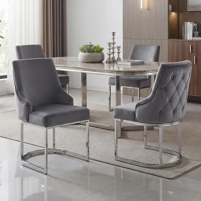 Produktbild von Flieks Esszimmerstühle 4er Set mit silber galvanisierte Stuhlbeine, Samtstoff, bequem und atmungsaktiv, Küchenstühle, Polsterstühle, Grau+Silber