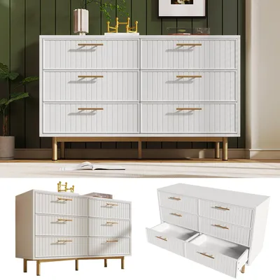 Image de Commode - 120 x 75 x 40 cm, blanche - façades rainurées et poignées dorées - socle en métal et 6 tiroirs