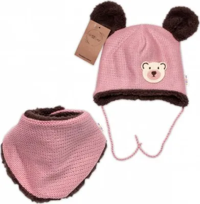 Productafbeelding van Gebreide wintermuts met imitatiebont en sjaal, Teddybeer, Baby Nellys, roze, maat 68/74