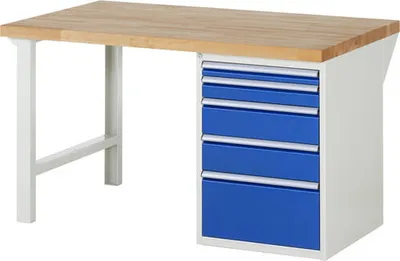 Produktbild von Werkbank mit 5 Schubladen - Vollauszug - 60:1 / 90:1 / 150:2 / 270:1 - 840 x 1.500 x 900 mm (HxBxT) - Traglast 1.000 kg - Buche