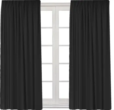 Two black curtains are shown hanging in front of a white-paned window.