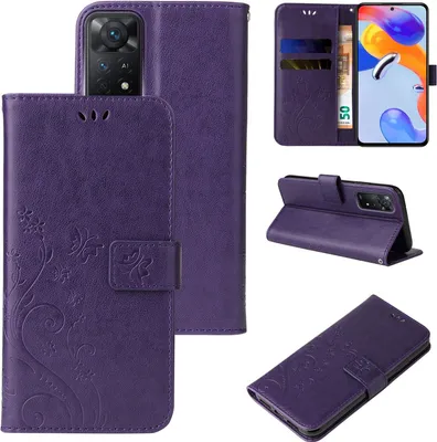 Produktbild von Handyhülle für Xiaomi Redmi Note 11 Pro Floral Blumen Schmetterling Flip Cover Hülle Case Klapphülle Handytasche Farbe: Violett