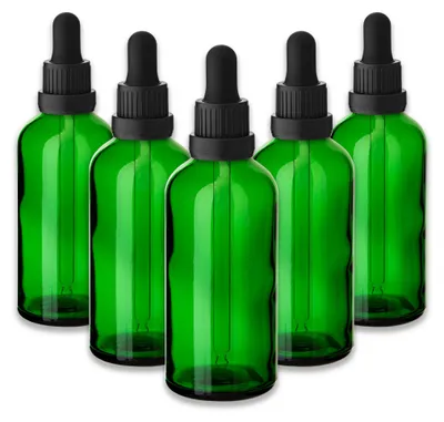 Produktbild von 5x Grüne Glasflasche 100 ml mit Pipette und schwarzem Verschluss Leer