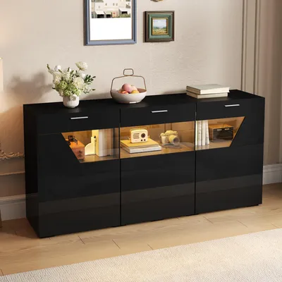 Productafbeelding van STILVORA dressoir met LED-verlichting, buffetkast met 3 deuren en glazen voorpanelen, opbergkast met app-bediening en hoogglanzende afwerking