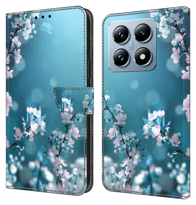 A flip phone case with a floral design is shown open and closed.