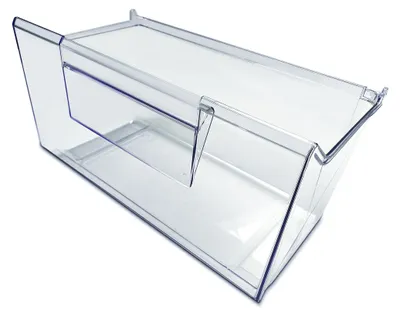A clear plastic refrigerator crisper drawer.