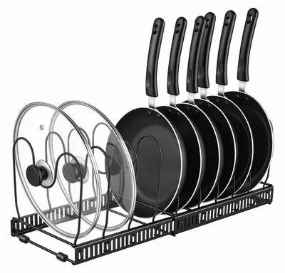 Obrázek produktu pro Držák na hrnce a poklice - Výsuvný stojan na 10 hrnců a pánví - Nastavitelný organizér do kuchyňské skříňky - Úsporný design - Železo - Černá barva
