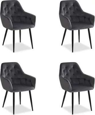 Four gray velvet dining chairs with armrests are arranged in a grid against a white background.