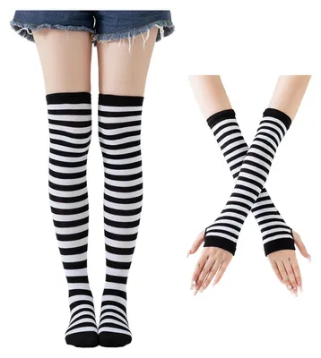 Produktbild von Gestreiftes Arm- und Beinstulpen-Set für Damen, Winter-Strickstrümpfe, kniehoch, lange fingerlose Handschuhe – perfekt für Weihnachten und Halloween