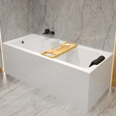 Produktbild von Badewanne Rechteck Set 5in1 160x75 mit Premium Ablaufgarnitur und Füßen GRATIS + Verkleidung (AcrylSchürze) + Kopfstütze in Schwarz | BADLAND TALIA