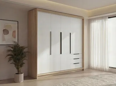Produktbild von Geräumiger vier-türiger Kleiderschrank KLARI mit Schubladen und Metallgriffen – modernes Design