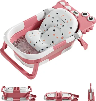 Produktbild von Babybadewanne - Klappbare Wanne - Mit Badekissen, Sitz und Thermometer - Für 25–36 Monate - Tiermotiv - Rosa
