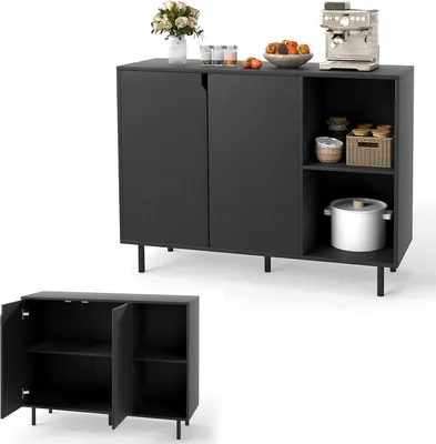 Produktbild von KOMFOTTEU Buffetschrank Sideboard weiß, moderner Küchenschrank mit Türen, 5-Fach verstellbarem Regal & Kippschutz, Küchekommode Aufbewahrungsschrank für Wohnzimmer Flur (Schwarz)