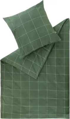A green checkered duvet cover and pillowcase laid out flat.