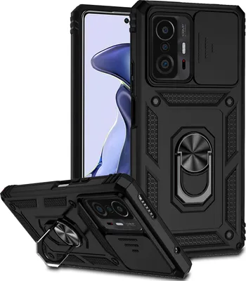 Produktbild von Xiaomi 11T Hülle mit Schiebe Kamera Schutz und Ringhalter Ständer Robust Rüstung Schutzhülle für Xiaomi 11T / 11T Pro Schwarz