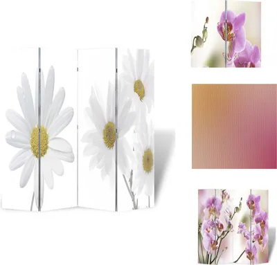 A folding room divider with a floral motif, displayed in a studio setting.