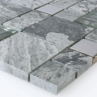 Produktbild von Mosaikfliesen Metall Glas Naturstein Mix Grau Silber