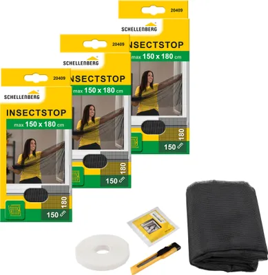 Produktbild von Schellenberg 3er Pack 20409 Fliegengitter für Fenster, Insektenschutz mit Befestigung, ohne bohren, 150 x 180 cm, anthrazit