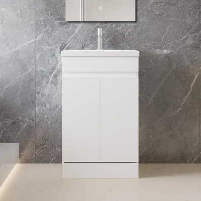 Produktbild von 50cm Badmöbel-Set Standschrank Mineralguss waschtisch mit Unterschrank Badezimmerschrank mit Tür soft-close Weiß Matt Selbstmontierter