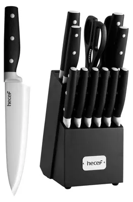 Produktbild von Messerblock Set 14-teilig mit Holzblock, Edelstahl Küchenmesser Set mit Schere, Wetzstab, Steakmessern, Schwarz