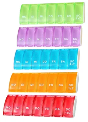 Immagine prodotto di Contenitore per compresse da 7 giorni, dosatore per pillole, set da 5 pezzi, colori arcobaleno, materiale ABS