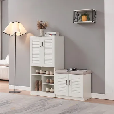 Produktbild von Schuhschrank 'Løten' Schuhregal 120 x 37 x 120 cm mit 4 Türen 4 Fächern und 7 Ablagen Weiß