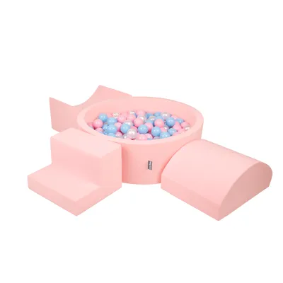 Obrázok produktu pre KiddyMoon Mäkké penové ihrisko pre deti s guľatým loptičkovým ihriskom (300 ∅ 7 cm) s mäkkými prekážkami a loptičkovým bazénom,  vyrobené v EÚ, Ružová: Babyblue/Púdrovo ružová/Perla, Verz