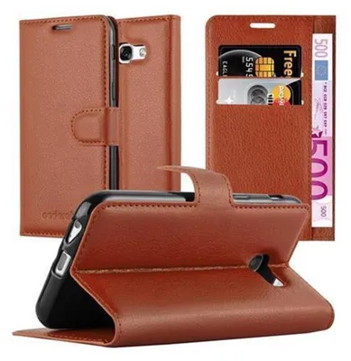 A brown leather flip case for a smartphone, shown in an open position with cards and currency inserted.