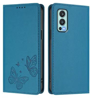Produktbild von Lederhülle für OnePlus Nord 2 5G, Schmetterling Prägung Leder Brieftasche Schutzhülle mit Ständer Blau