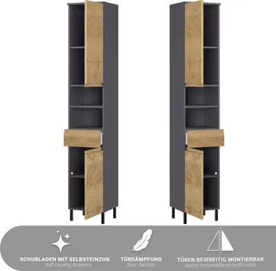 Produktbild von Badezimmer-Hochschrank 34 cm breit in Eiche mit graphit, 2 Türen, 1 Schublade - SALO-01