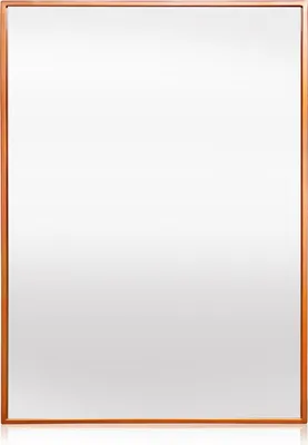 A rectangular mirror with a rose gold frame is shown against a white background.