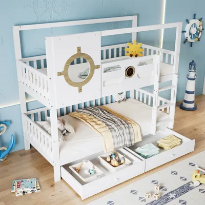 Produktbild von Etagenbett, mit Dach und Fenster, Kinderbett, 90x200cm, mit Fallschutzgitter, stabiles Geländer, Zwei Schubladen mit Rollen, Reichlich Stauraum, K