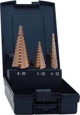Produktbild von EXACT HSS Stufenbohrer-Set 3teilig 4 - 30 mm TiN 5351 3-Flächenschaft 1 Set (5351)
