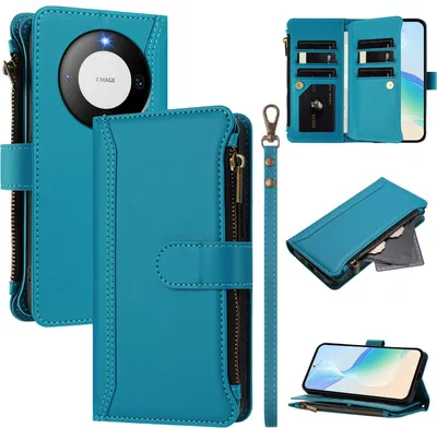 Obrázek produktu pro Pouzdro pro Huawei Mate 60 Pro/Mate 60 Pro+, zipem, peněženkovéPolyuretankožené flip pouzdro s kapsami na karty, stojánkem a poutkem na ruku Jezerní modrá
