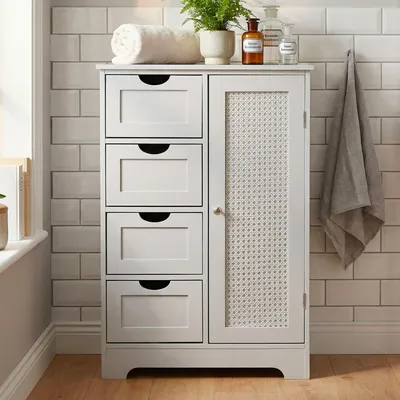 Zdjęcie produktu dla FineBuy Szafka łazienkowa 55x80 cm plecionka wiedeńska, szafka łazienkowa z drzwiami i 4 szufladami, półka łazienkowa z lakierowanego MDF, nowoczesna półka łazienkowa Łazienka