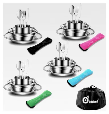 Produktbild von Campingbesteck Set für Outdoor-Aktivitäten aus Edelstahl, klappbares Besteck mit Teller und Tasse, geeignet als Geschenk für Kochgeschirr beim Reisen, Wandern und Camping