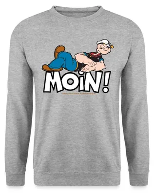Produktbild von Spreadshirt Popeye Faulenzen Mit Schrift Moin Uni Pullover, XXL, Weißgrau meliert