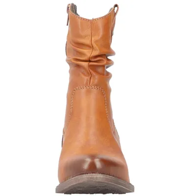 A front view of a brown leather boot.