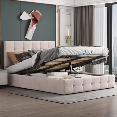Obrázok produktu pre Postel s čalúneným rámom, rozmer 140 x 200 cm, dvojlôžko s hydraulicky výťahovacím úložným priestorom, nastaviteľná čalúnená opierka hlavy, kovový rošt