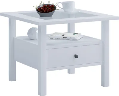 Zdjęcie produktu dla Drewniany stół boczny ze szkłem bezpiecznym ESG | Stolik kawowy prosty | Wymiary ok. H. 42 x W. 54 x D. 54 cm | Stół do salonu z szufladą | Sofa - Lingis M