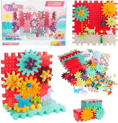 A collage of images showing building blocks with gears, packaging, and assembled models.