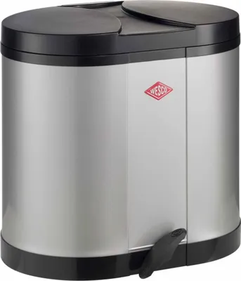 Produktbild von Wesco Abfallsammler Silber 30 (2x 15) Liter, 43 cm H x 45 cm B x 36 cm T, Fußtritt, 2-fach Trennung mit 2 Einsätzen, Modell 170, pulverbeschichtetes Stahlblech & Kunststoff, für Mülltrennung, unter Arbeitsplatte platzierbar, ohne Dämpfer, Art.Nr. 8011080