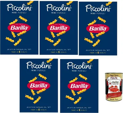 Produktbild von Barilla Piccolini Mini Fusilli – kleine Spiralnudeln für Kinder & schnelle Küche – Kochzeit 6 Min – aus 100% Hartweizengrieß – ideal für Saucen, Salate & Suppen – 5x 500g + Italian Gourmet polpa