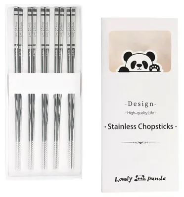 Produktbild von 5 Paar Edelstahl Essstäbchen, Spülmaschinenfest, Rutschfest, Panda-Design, 23,5 cm