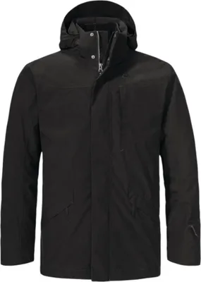 A black men's parka jacket shown front-on against a white background.