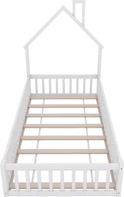 Produktbild von Merax Kinderbett 90x200cm mit Lattenrost, Bodenbett mit Geländer und Tür, Kiefernholzbett Einzelbett Hausbett Kinderhaus mit Schornstein, Weiß