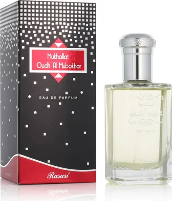 A perfume bottle and its packaging are displayed side-by-side against a white background.