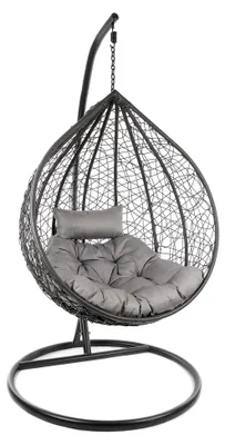 Produktbild von Komplettset: großer Hängesessel mit Gestell und Kissen, Korbsessel, Poly-Rattan (Korb und Gestell: grau, Kissen: grau Chester-Stepp)